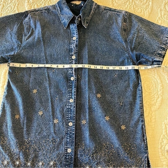 Retro embellished short sleeve denim button down top with sparkly beading, L - Picture 8 of 8